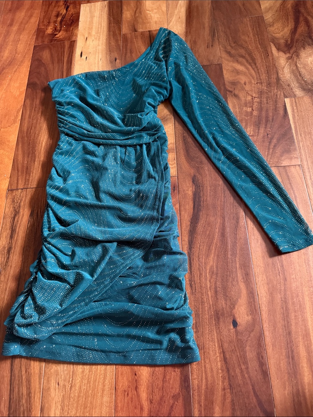 City Studio Teal One-Shoulder Ruched Mini Dress with Metallic Dots